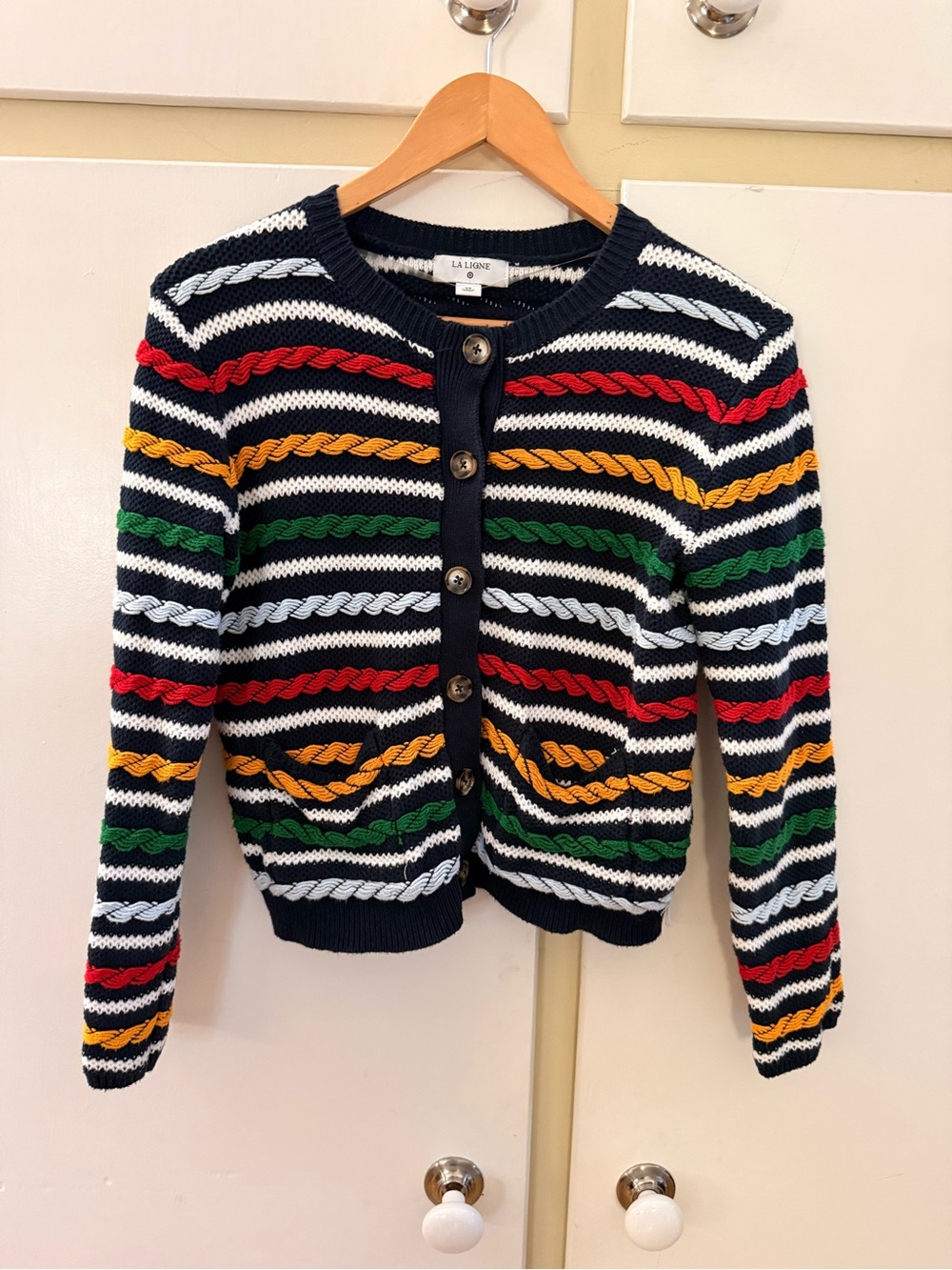 La Ligne Navy Striped Cable-Knit Cardigan with Red, Green & Yellow Accents - Picture 4 of 7